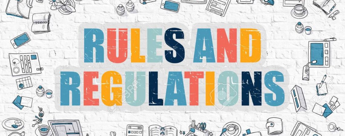 Rules and Regulations - Multicolor Concept with Doodle Icons Around on White Brick Wall Background. Modern Illustration with Elements of Doodle Design Style.